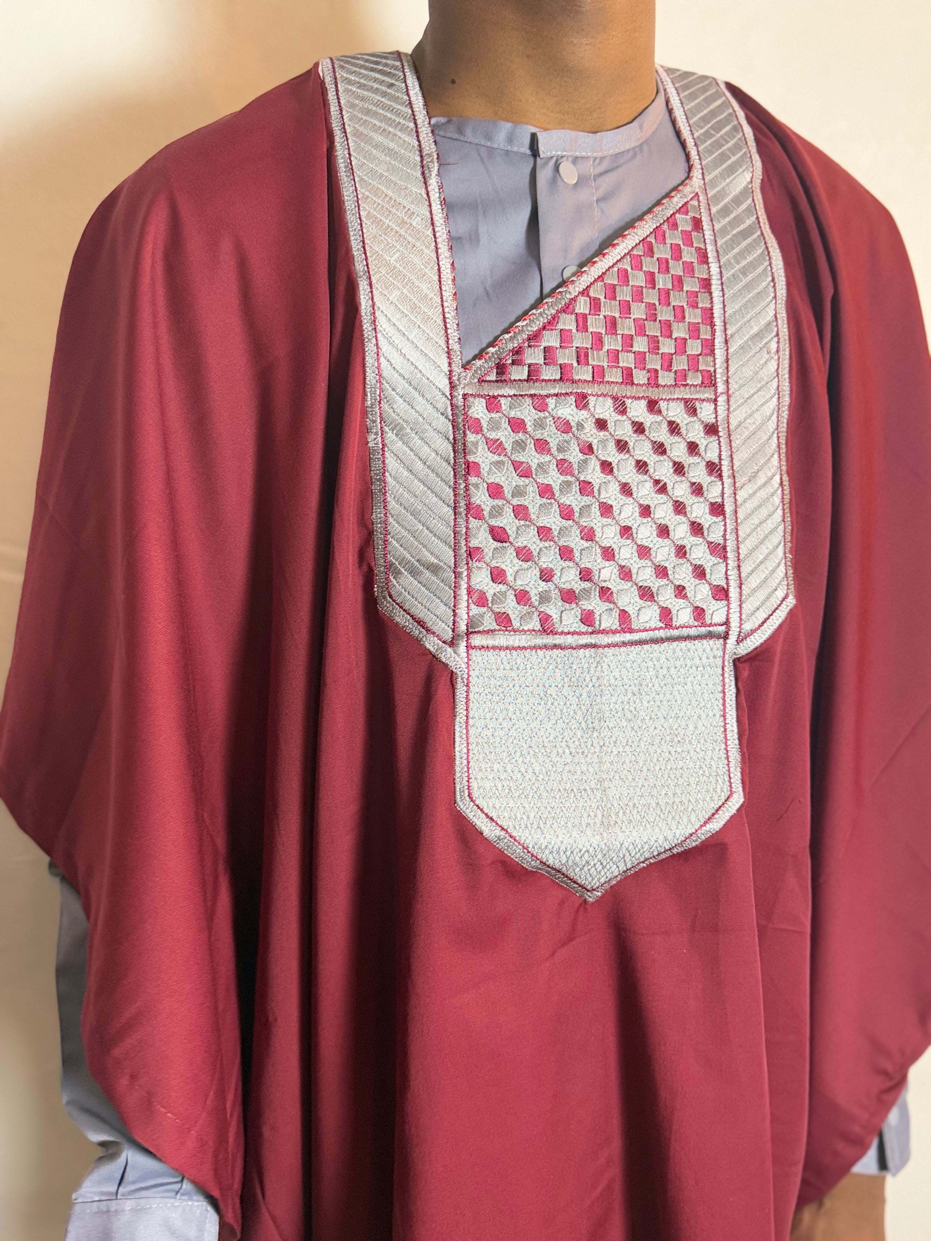 Assini - Ensemble traditionnel africain Homme Tunique, Pantalon et Grand Boubou Rouge et Bleu Ciel