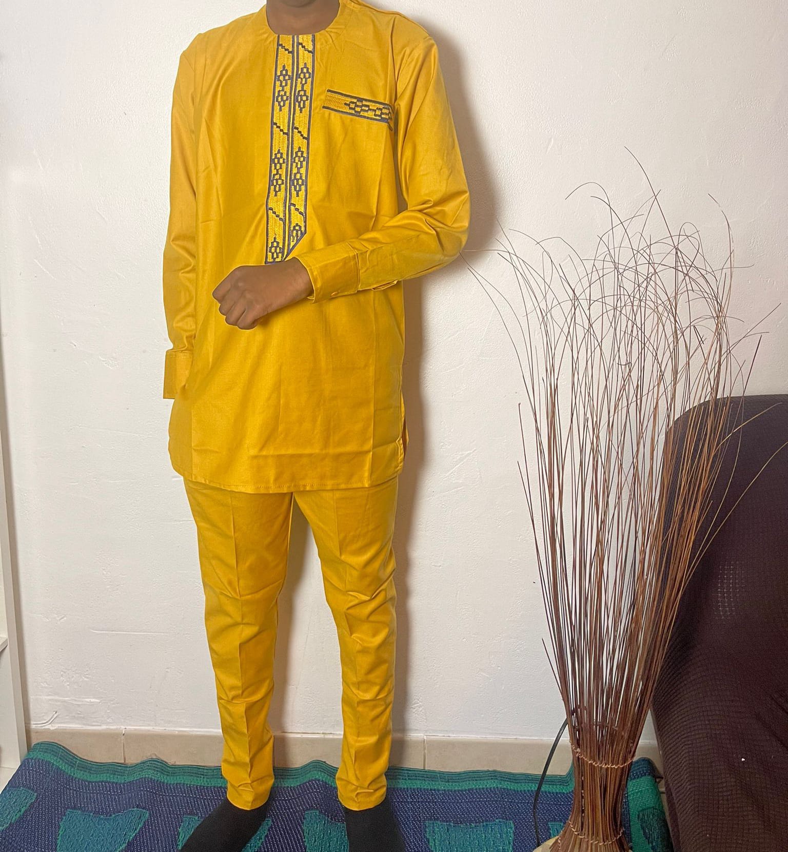 Deux pièces traditionnel africain Homme, Pantalon et Haut Jaune