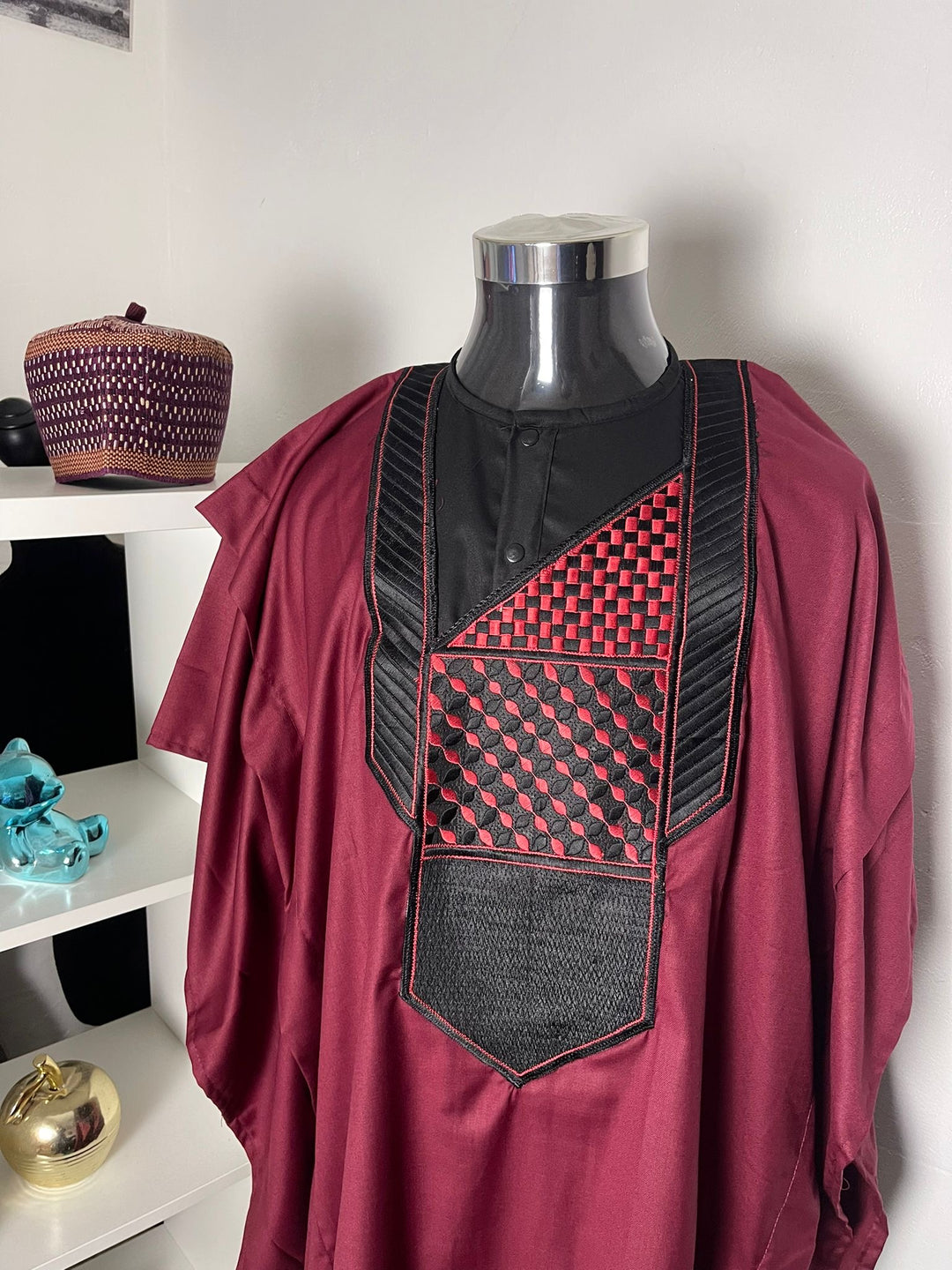 Prestige - Ensemble traditionnel africain Homme Tunique, Pantalon et Grand Boubou Rouge bordeaux noir