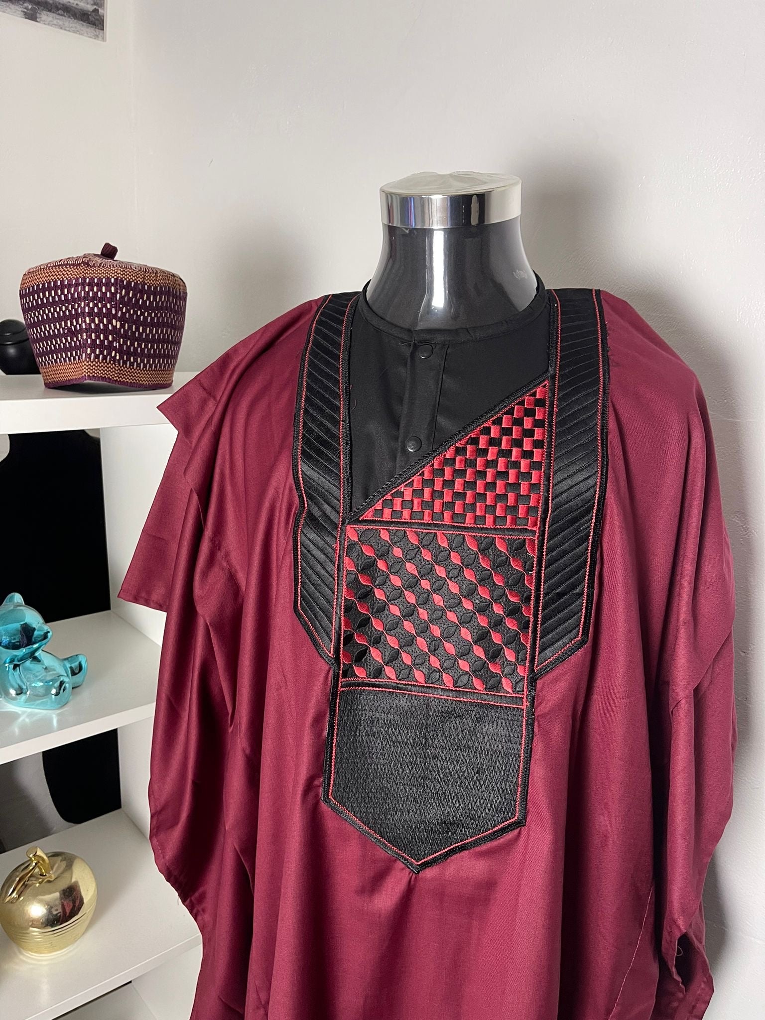 Assini - Ensemble traditionnel africain Homme Tunique, Pantalon et Grand Boubou Rouge bordeaux noir