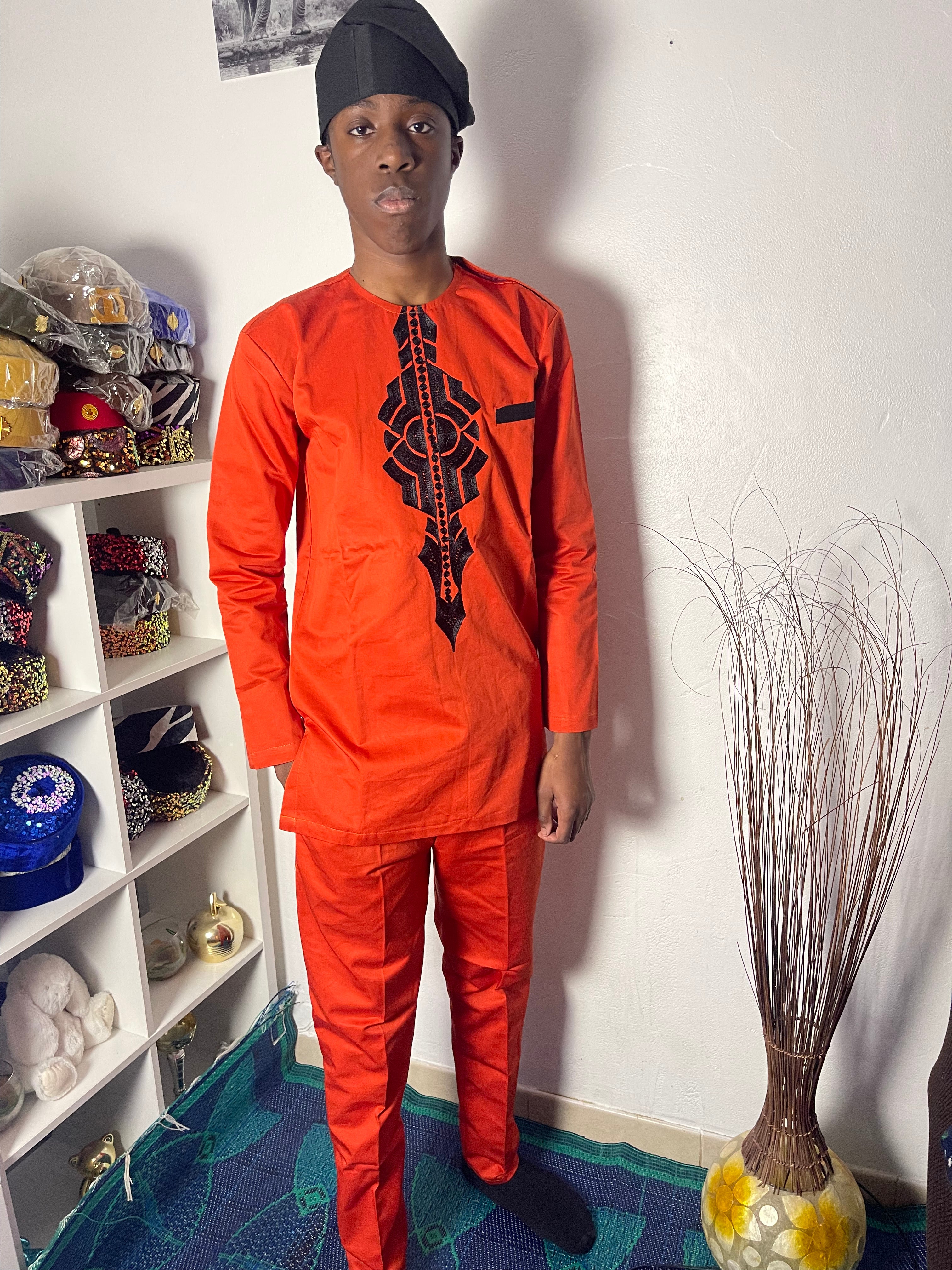 Deux pièces traditionnel africain Homme, Pantalon et Haut Orange