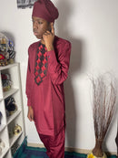 Deux pièces traditionnel africain Homme, Pantalon et Haut Rouge Bordeaux