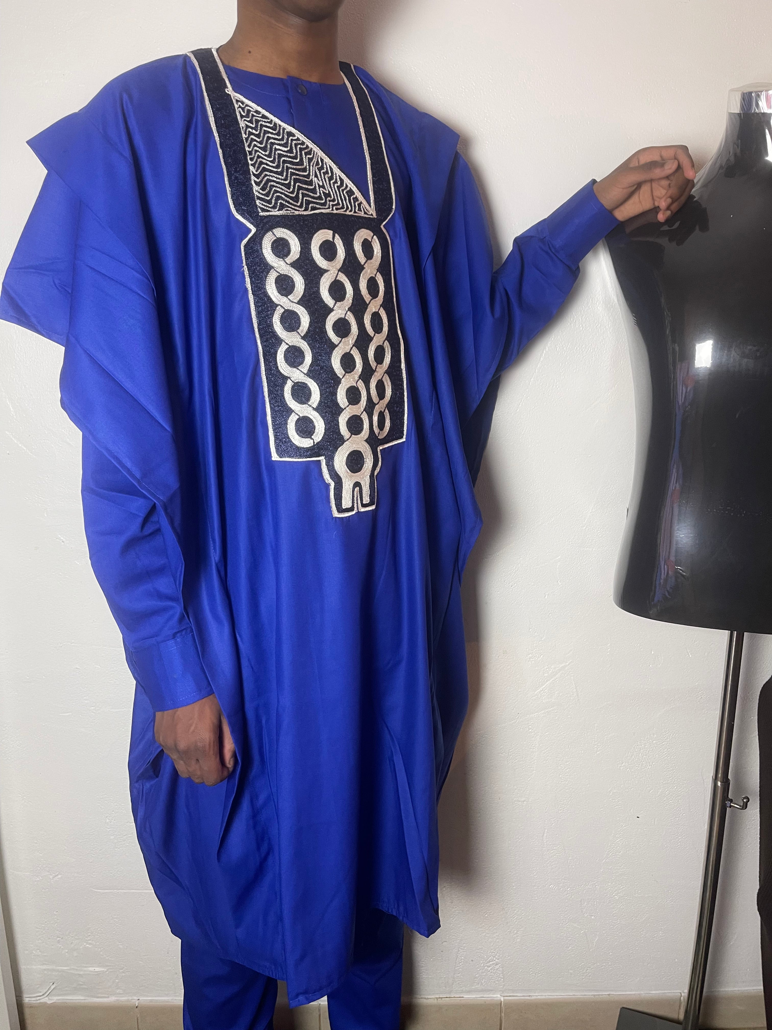 akwaba - Ensemble traditionnel africain Homme Tunique, Pantalon et Grand Boubou Bleu Roi