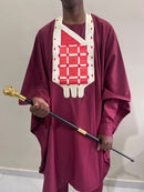 Savane - Ensemble traditionnel africain Homme Tunique, Pantalon et Grand Boubou Rouge Bordeaux