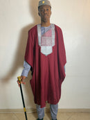 Assini - Ensemble traditionnel africain Homme Tunique, Pantalon et Grand Boubou Rouge et Bleu Ciel