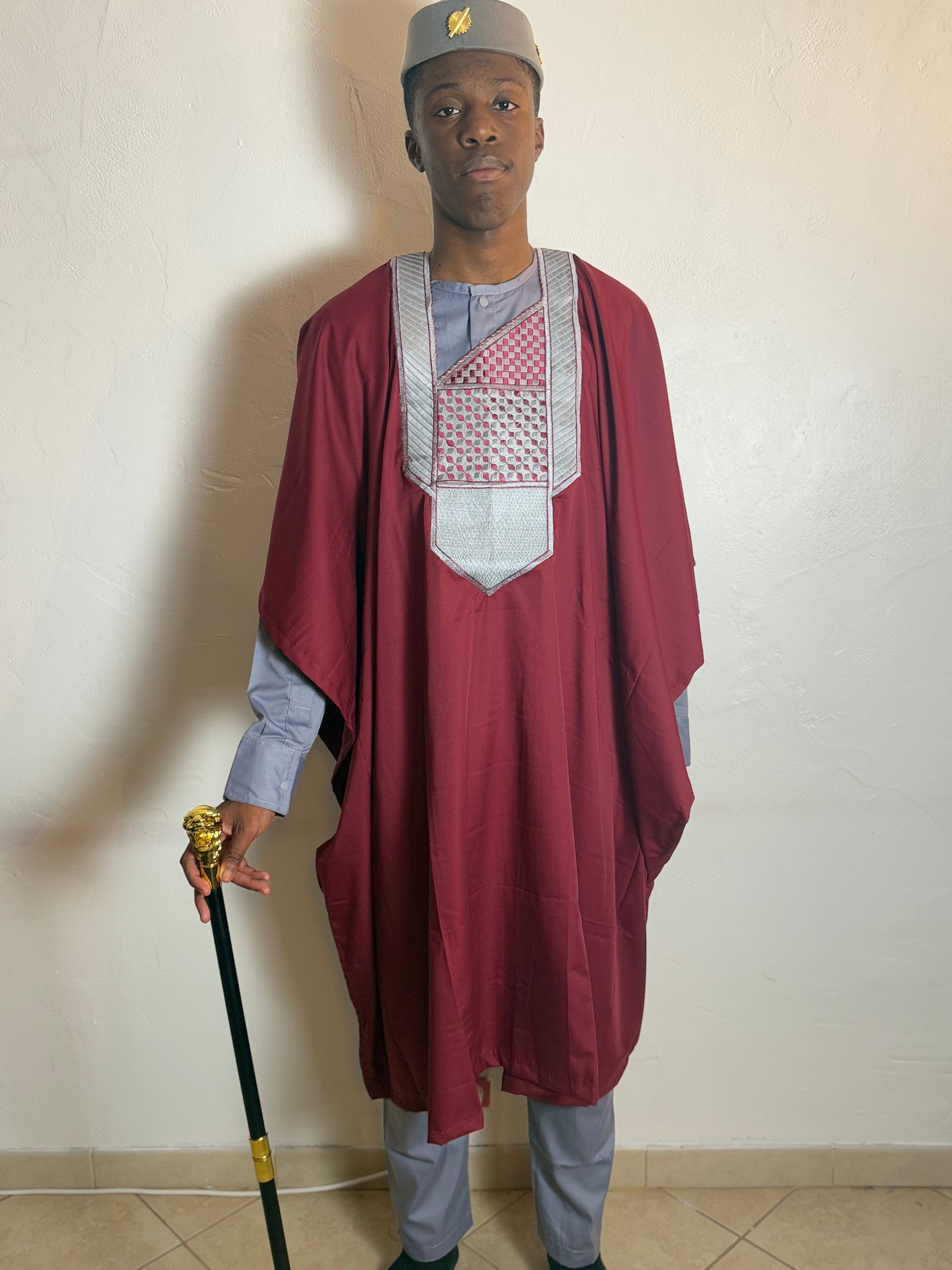 Assini - Ensemble traditionnel africain Homme Tunique, Pantalon et Grand Boubou Rouge et Bleu Ciel