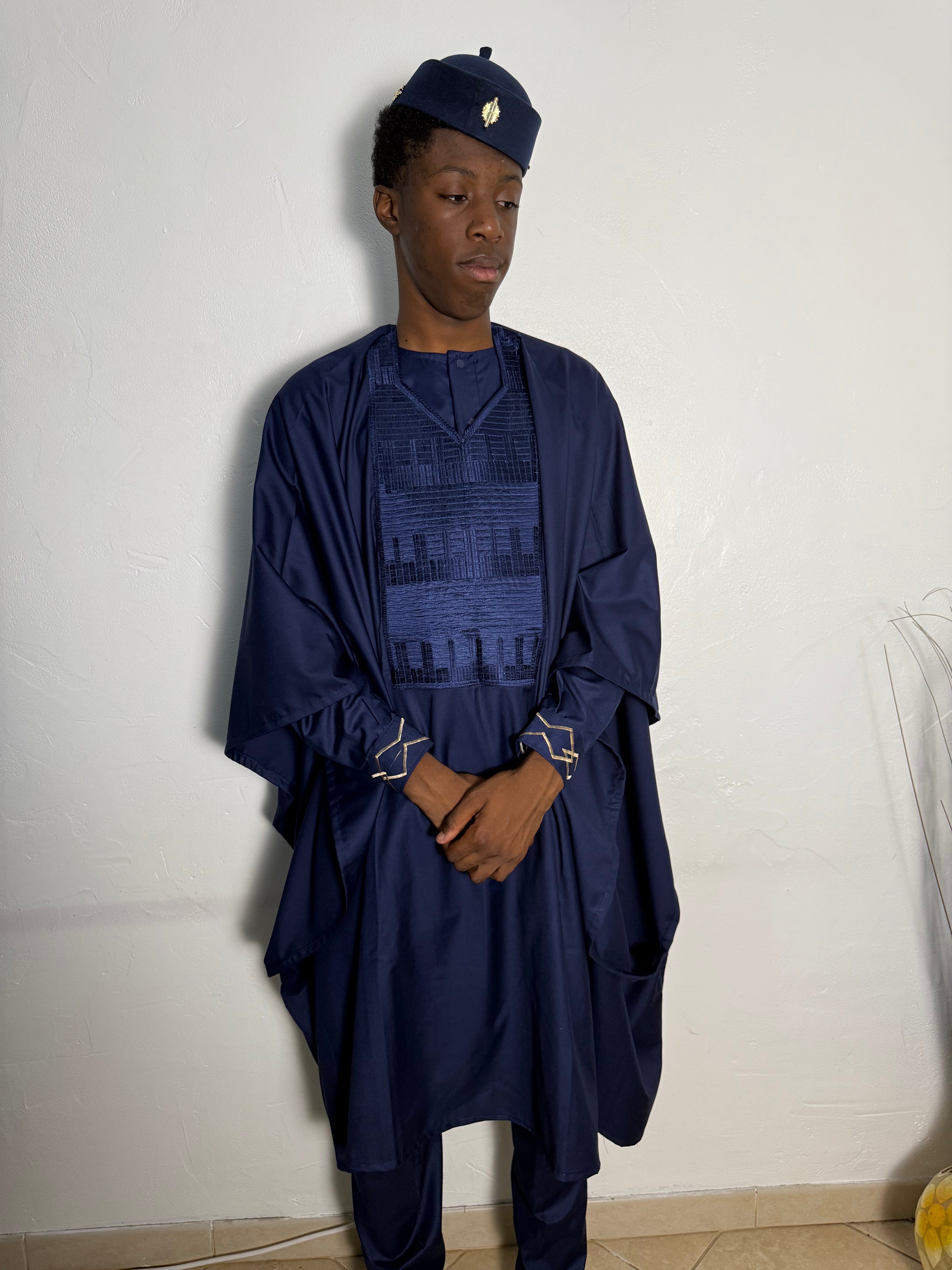 Assini - Ensemble traditionnel africain Homme Tunique, Pantalon et Grand Boubou Bleu Foncée